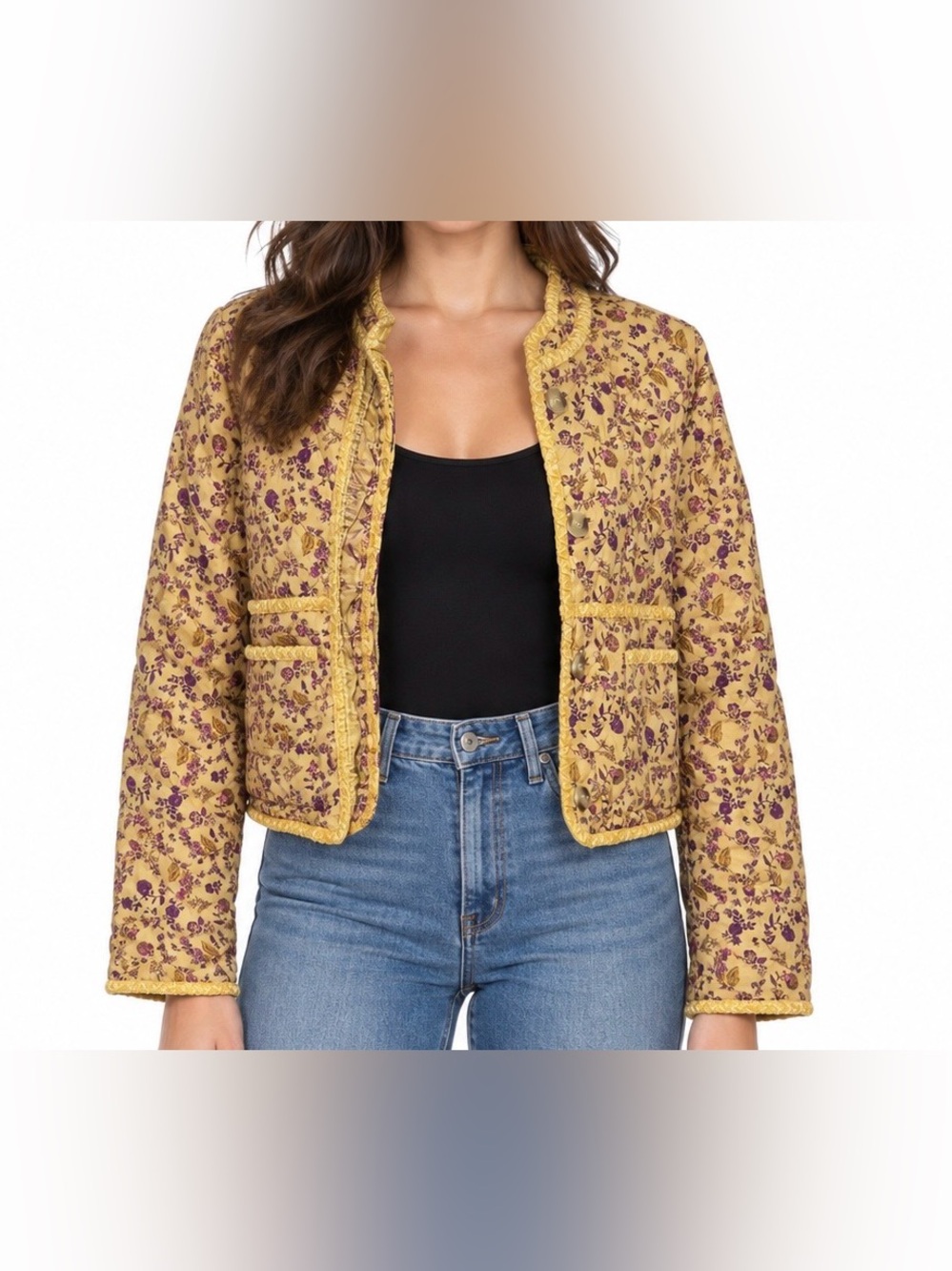 7 For All Mankind Yellow Floral Quilted Cropped Cotton Jacket Medium